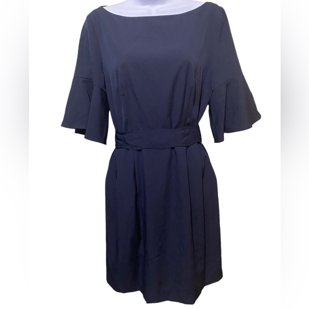 Eliza J Silky Navy Blue Dress Bell Sleeve Sheath Belted Pockets Preppy Office - Picture 3 of 16